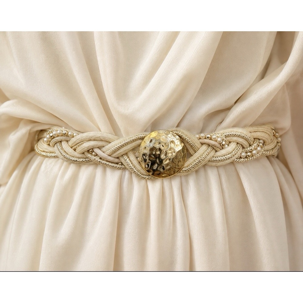 Vintage 80s 90s Braided Rope Belt Gold Medallion Pearl Cream Glam Maximalist